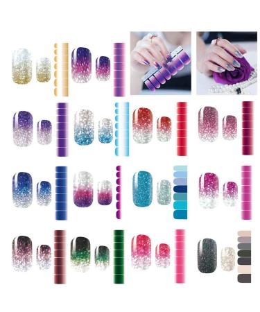 BeautyChen 14 Sheets Nail Stickers Glitter Gradient Color Shine Full Wraps Stickers Nail Art Adhesive Decals Nail Art Tips Stickers Strips Self-Ashesive Nail Art Sets for Women Girls