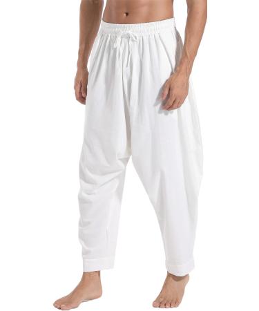 Perdontoo Men's White Casual Baggy Drawstring Harem Pants - Hippie Boho Aladdin Style - Buy Online on GoSupps.com
