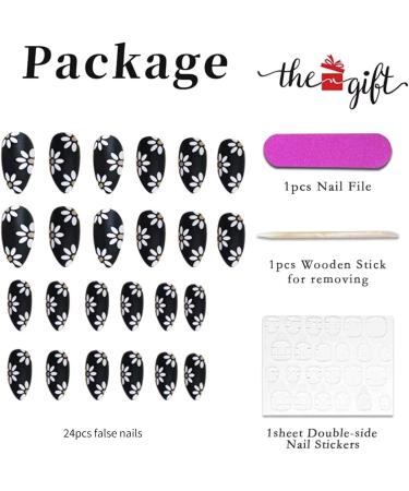Black Daisy Design Press On Nails - Medium | Full Cover Tips for Women & Girls | Spring/Summer Salon Nail Art - Buy Online on GoSupps.com