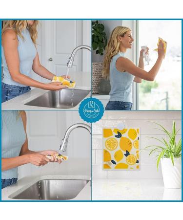 Harps&Seb Reusable Swedish Dishcloths Super Absorbent 6 Pack with Hanging Clips - Odorless Non Scratch Cellulose & Cotton Dish Towels for Kitchen - Washable & Eco-Friendly - Give Me Lemons - Buy Online on GoSupps.com