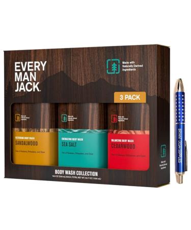 BRYANT DESAI SUPPLIES Every Man Jack Body Wash Collection 16.9 fl. oz 3pk Sandalwood Sea Salt Cedar Wood packaged Pen