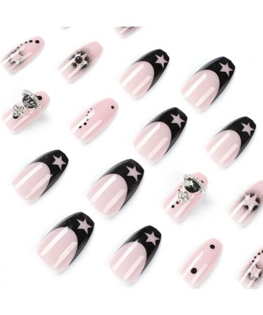 Hkanlre Square Black Rhinestone Press on Nails - 24PCS | Full Cover False Nails for Women and Girls - Buy Online on GoSupps.com