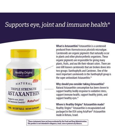Healthy Origins Astaxanthin Triple Strength 12mg - 60 Softgels | Antioxidant Support - Buy Online on GoSupps.com