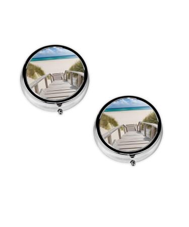 Beach Scenery Printed Mini Round Pill Box Pill Box 3 Compartment Medicine Pill Case Pill Organizer Travel Pillbox Portable Pill Box for Pocket Home Office Use