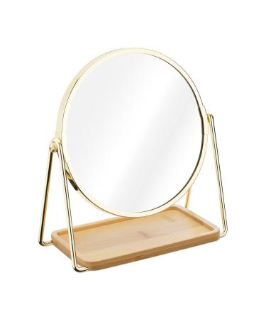 Navaris Vanity Mirror with Tray - Double-Sided Table Top Makeup Mirror with 1x/2x Magnification and Bamboo Base - For Bathroom, Bedroom, Desk - Gold