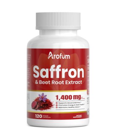 Arofum Saffron Extract Supplements with Ashwagandha Beet Root & Turmeric 120 Count | Saffron Capsules for Daily Wellness | Plant-Based Non-GMO No Fillers | Mood and Focus Support