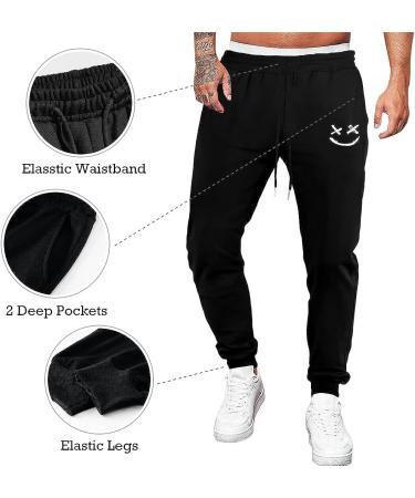 Renaowin Men's Lightweight Slim Fit Sweatpants with Drawstring Waist and Pockets - Black Smiley Pattern | Ideal for Workout, Running, Gym - Size Large - Buy Online on GoSupps.com