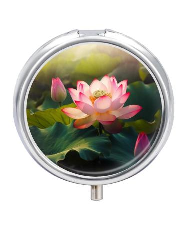 Pill Box Pill Case 3 Compartment Travel Pill Box Beautiful Lotus Flower Printing Small Pill Box Portable Medicine Pill Case Pill Organizer for Purse & Pocket for Travel Handbag (Round)