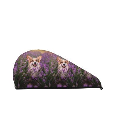 Hair Towel Wrap Hair Drying Towel with Button Towel Turban Head Towel to Dry Hair Quickly (Dog in Lavender Flowers)
