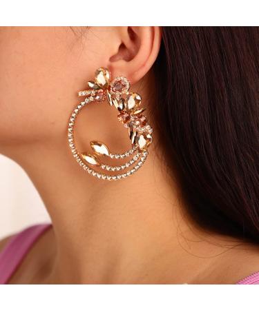 Octwine Elegant Simple Flower Drop Gold Rhinestone Bar Party Prom Hoop Earrings Great for Party Wedding Dating Jewelry for Women and Girls