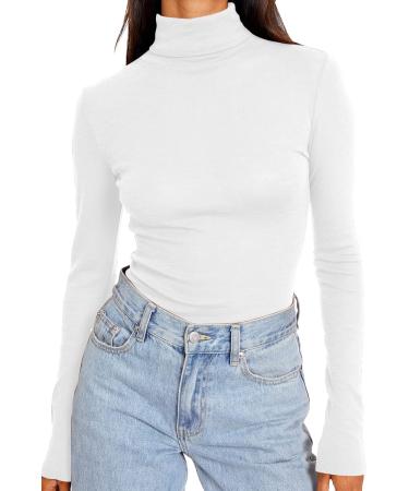 Trendy Queen Women's Turtleneck Long Sleeve Shirts Fall Fashion 2022 Basic Layering Slim Fit Soft Thermal Underwear Tops White Medium
