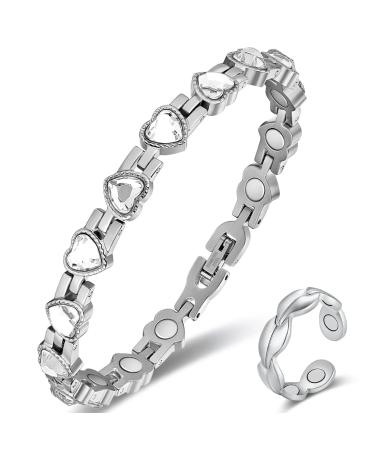 Vicmag Lymphatic Drainage Magnetic Bracelets for Women Titanium Steel Brazaletes Ultra Strength Magnetic Adjustable with Removal Tool and Gift Box (Silver Heart Crystal)