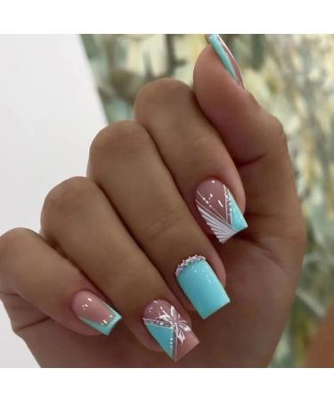 French Tip Press on Nails Blue Fake Nails Square False Nails with Rhinestone Designs Butterfly Artificial Nails Spring Summer Acrylic Nails Medium Stick on Nails Cute Glue on Nails for Women Manicure J14