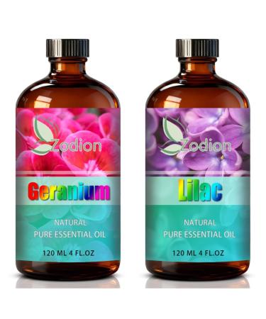 Lilac Essential Oil 4 Fl Oz and Geranium Essential Oil 4 Fl Oz - Lilac & Geranium Oil for Diffuser Aromatherapy Home Fragrance Skin & Hair Care DIY Candle & Soap Making Yoga
