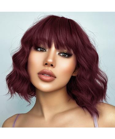 AISI HAIR Red Short Curly Bob Wig with Bangs | Burgundy Wine Red Synthetic Wave Bob Wig for Women - Buy Online on GoSupps.com