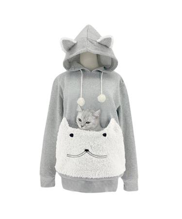 Women Cute Cat Ear Hoodies Pet Carrier Sweatershirt Puppy Kitten Pouch Jumper Long Sleeve Pullover Tops XL White