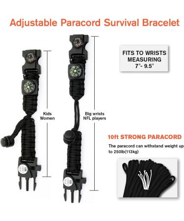 NVioAsport 20-in-1 Survival Paracord Bracelet with SOS LED Light, Fire Starter, Compass, Whistle Ideal for Camping, Hiking, Fishing | Adjustable Gear Kit in Black - Buy Online on GoSupps.com