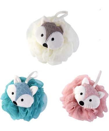 Bath Shower Ball Pack of 3 with 3 Hook Style Random Adhesive Fox Shape 3 Colors for Body Wash Bathroom Men Women and Kid Suitable for a Family Use