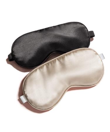 2Pcs 100% Pure Mulberry Silk Eye Mask  Filled with Hold Strip Fitting Most Facial Shape  Designed with Adjustable Strap for The Soft and Comfortable Sleeping Mask (Black & Beige)