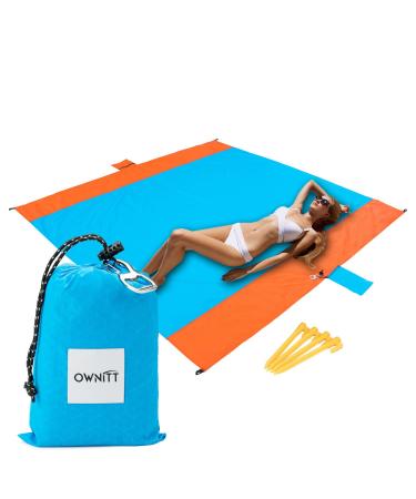 Ownitt Large Sand Free Travel Beach Blanket with Pocket - 83X 79" Pocket Blanket- 100%Waterproof Beach Mat with Ground Stakes & Carabiner Clip - Portable Blanket for Hiking, Picnic, Festival, Concert