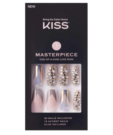 KISS Masterpiece One-Of-A-Kind Luxe Mani Premium Special Effects Design Coffin Shape Glossy Iridescent Glue-On Long Length Nails with Faux Jewels MP01 Love It