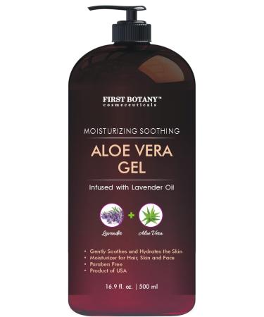 First Botany Pure Aloe vera gel - with 100% Fresh & Pure Aloe Infused with Lavender Oil - Natural Raw Moisturizer for Face  Skin  Body  Hair. Perfect for Sunburn  Acne  Razor Bumps 16.9 fl oz