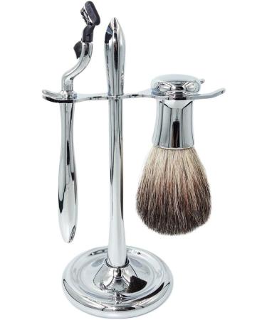 NSNT Exquisit Men's Shaving Brush Set - Natural Hair Silver-Chrome Handle 3-Layer Razor Blade | Premium Grooming Accessories - Buy Online on GoSupps.com