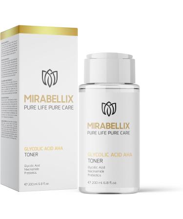 Mirabellix Glycolic Acid AHA Toner 200ml - Exfoliating Face Toner with Niacinamide Prebiotics & Witch Hazel Water for Oily Combination and Blemish-Prone Skin - Brightens Smooths and Tightens Skin - Buy Online on GoSupps.com