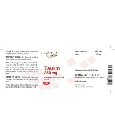 Buy Vitaworld Taurine 850 mg - High Dose Pure & Vegan Supplement | 130 Capsules - Shipping Worldwide - Buy Online on GoSupps.com