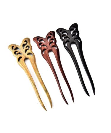 Handmade Carved Wood 2-Prong Butterfly Hair Fork Vintage Style Hair Stick - Buy Online on GoSupps.com