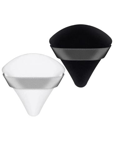 WROLY Powder Puff 2 Pcs Triangle Powder Puff Soft & Reusable Make Up Sponges Resuable Foundation Sponge With Strap Makeup Sponge Perfect For Pressed Powder Dry Makeup & Wet Makeup (Black + White)