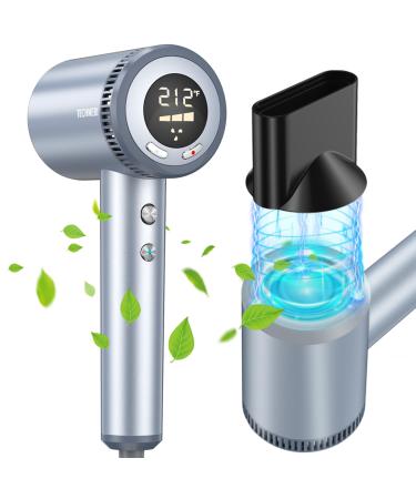 Hair Dryer TECHMERI Ionic Blow Dryer 110 000 RPM High-Speed Brushless Motor Professional Hair Blow Dryer for Fast Drying Thermo-Control Hair Dryers with Nozzle LCD Display Silver Blue