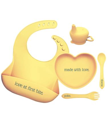 Heart Shaped Silicone Feeding Set 5 Piece Baby & Toddler Tableware Silicone Set  Bib  Heart Plate/Bowl  Fork & Spoon  Sippy Cup Lid  (Mustard)