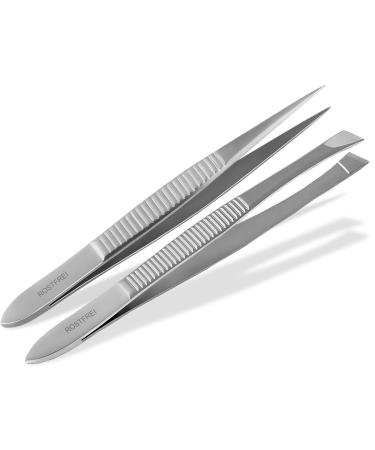 Hair tweezers set - slanted and pointed - made of stainless steel