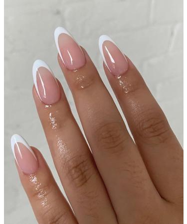 120Pcs White French Tip Press on Nails - Almond Shape Glossy Nude Full Cover False Nails with Adhesive Tabs for Women & Girls - Buy Online on GoSupps.com