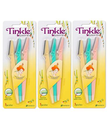 Dorco Tinkle Eyebrow Razors for Women 9 Razors 3ct per pack (3pk) Eyebrow Trimmer Dermaplaning Tool for Safe and Easy Facial Hair Removal for Women Exfoliating Face With Stainless Steel Safety Cover for Sensitive Sk...