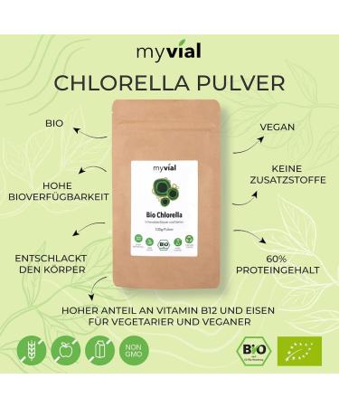 Myvial Bio Chlorella Powder 100g - Vegan Additive-Free Plastic-Free Rich in Vitamin B12 & Iron - Premium Chlorella Vulgaris Algae Powder for Optimal Health - Buy Online on GoSupps.com