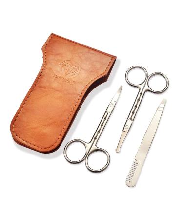 Professional Stainless Steel Curved Rounded Facial Hair Scissors Tweezers Set For Men Moustache Nose Hair Beard Trimming Scissors Safety Use for Eyebrows Eyelashes Ear Hair - PU Leather Bag