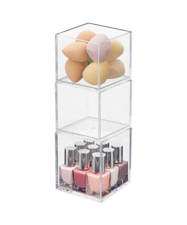 mDesign Square Cosmetic Organizer for Bathroom, Bedroom, or Vanity Countertop and Drawers - Storage Bin for Makeup, Brushes, Palettes, Lipstick, Blush - Prism Collection - 3 Pack - Clear/Chrome Clear/Chrome 4 x 4 x 4