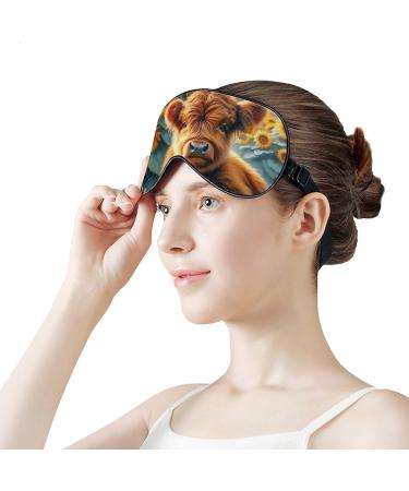 Cute Highland Cow Sleeping Mask with Sunflowers Adjustable Light-Blocking Eye Cover for Men Women Girls & Boys | Watercolor Soft Sleepmask - Buy Online on GoSupps.com