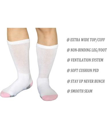 Women's Non-Binding Diabetic Socks - Wide Top, Loose Fitting, 4 Pairs White/Pink - Ideal for Diabetes, Edema, Medical, Hospital, Thick Ankle, Crew, Casual Dress Sox - Buy Online on GoSupps.com