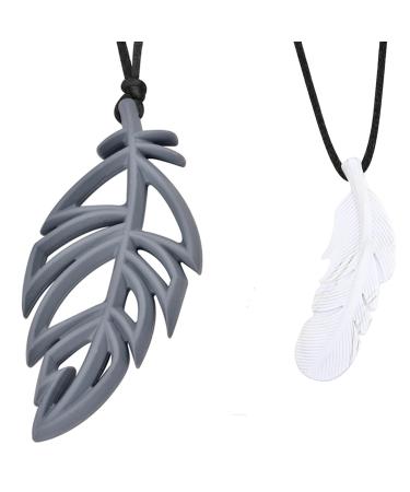 Chew Necklace for Sensory Kids Adults | Silicone Pendant Teething Jewelry | Baby Teether Necklace for Mom | Oral Motor Chewing Aids Made Soft | Adjustable | 2 Pack Grey leaf