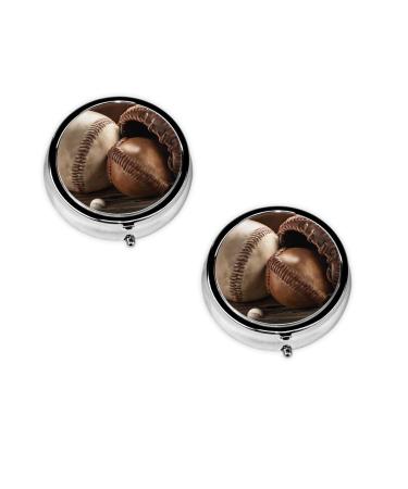 Retro Baseball Printed Mini Round Pill Box Pill Box 3 Compartment Medicine Pill Case Pill Organizer Travel Pillbox Portable Pill Box for Pocket Home Office Use