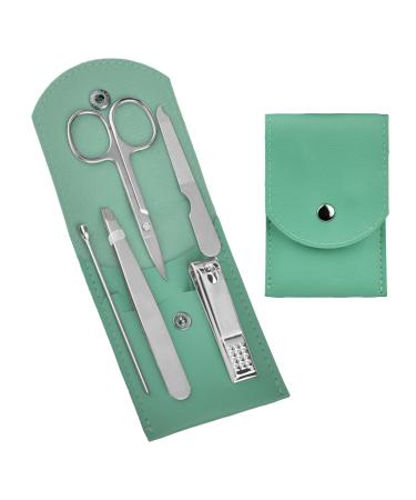 Travel Manicure Set Professional Nail Clipper Kit-5 Pieces Stainless Steel Manicure Kit Women Men Grooming kit With Nail Care Tools Beauty Scissors Tweezers (Silver Green)