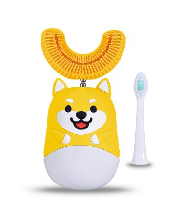 U Shaped Toothbrush Kids Sonic Automatic Brush Toddler Toothbrushes Kids Electric Toothbrush Whole Mouth Automatic Soft Ultrasonic TeethBrushes Rechargeable for Children Age 2-7 Years Old (Yellow)