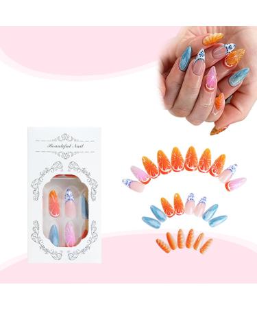 3D Oranges Press-On Nails | Medium Almond Summer Fruit Fake Nails | Full Cover Acrylic French Tip - 24 Pcs for Women - Buy Online on GoSupps.com