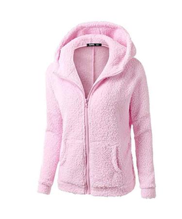 Bigfanshu Womens Fleece Teddy Hoodies Zipper Solid Pocket Hooded Coat Winter Warm Cotton Outwear Casual Sweatshirt Pink
