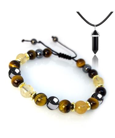 Triple Protection Bracelet-For Prosperity Money,Business Entrepreneur Goals,Prosperity Good Luck Bracelet,Citrine Bracelet Tiger Eye Feng Shui Wealth Bracelet Hematite Bracelet Set for Men Women Hematite & Brown Tiger Eye …