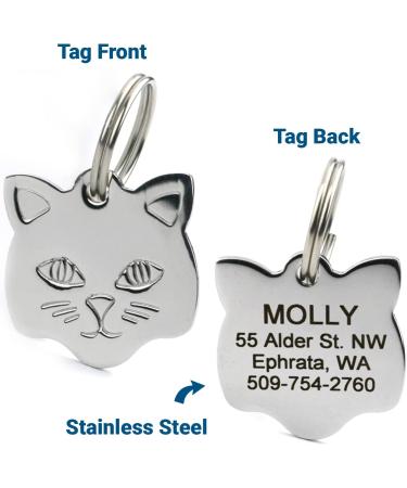 Personalized Stainless Steel Cat Shape Pet ID Tag by GoTags | Custom Engraved Cat ID Tag with 4 Lines of Text | Kitty Face Design - Buy Online on GoSupps.com