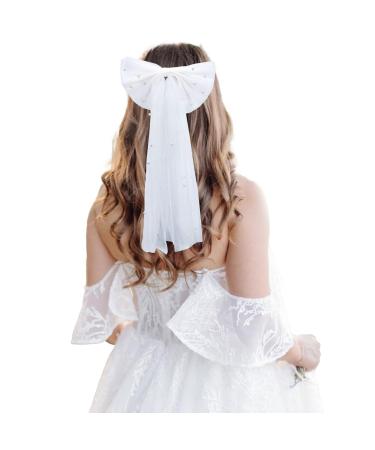 NICENEEDED Bridal Veil Bowknot Hair Clip Bride Pearl Tulle Hair Bow Barrettes with Fringe Wedding Mesh Hairpins Headpieces for Bridesmaid Flower Girl Hair Decoration